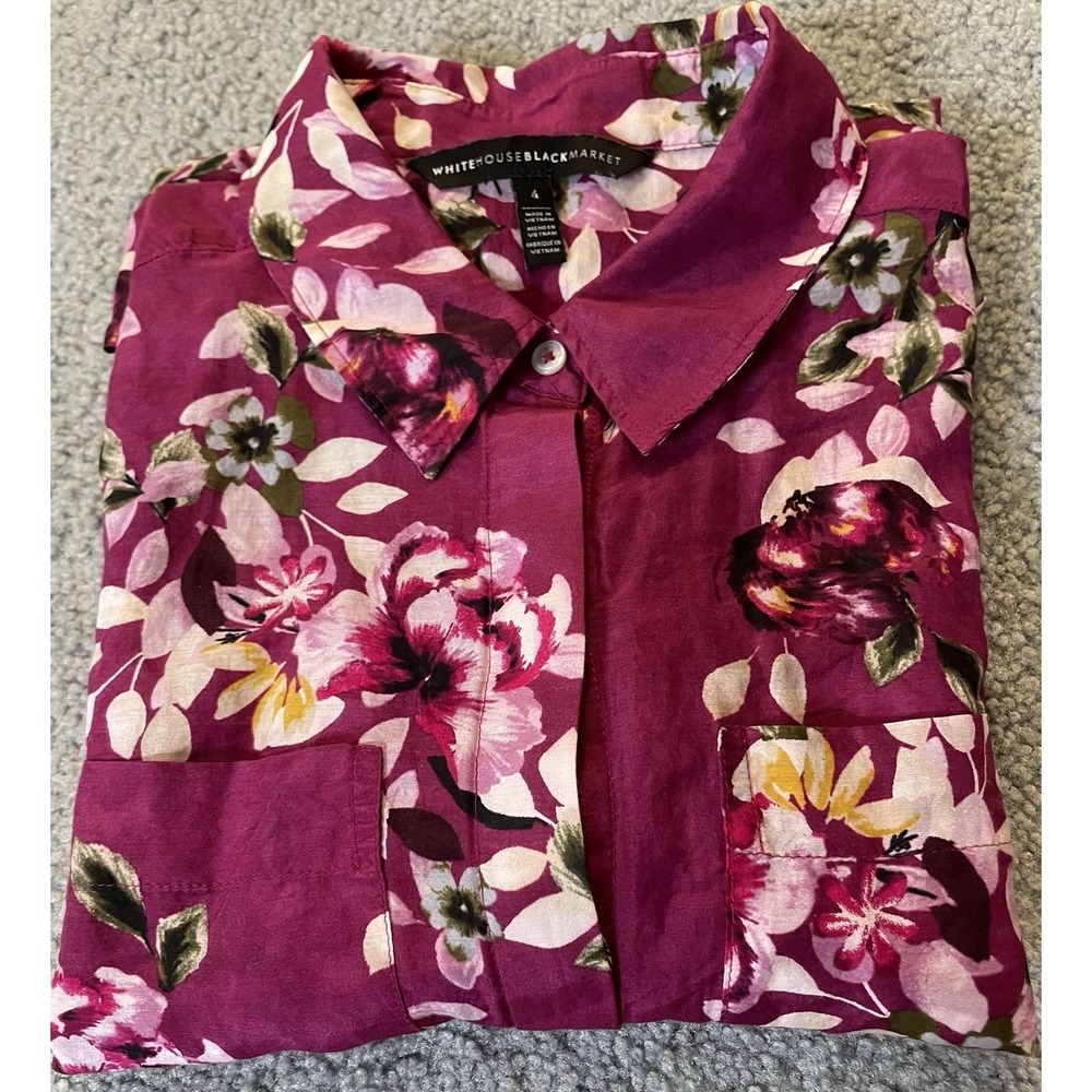 WHBM Silk Blend Floral Blouse Womens Sz 4 Pink Purple Button Up Cottagecore Boho - Picture 13 of 13